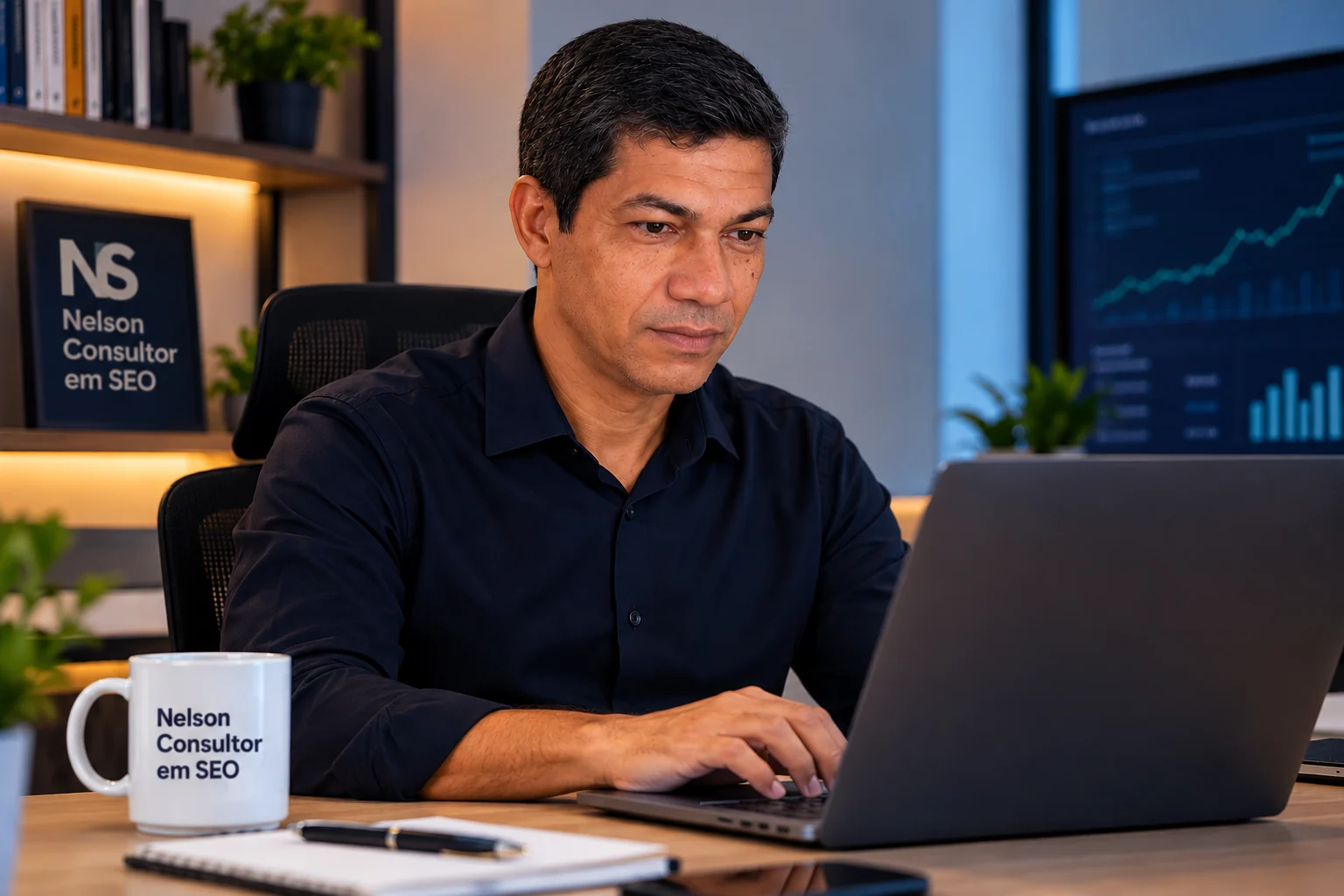Nelson Consultor em SEO trabalhando no computador em ambiente de escritório